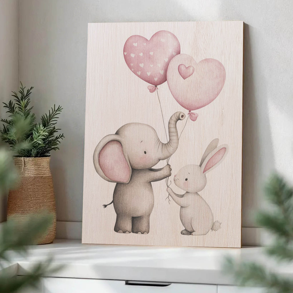 Elephant and Bunny with Balloons Wood Print by OnWood Australia