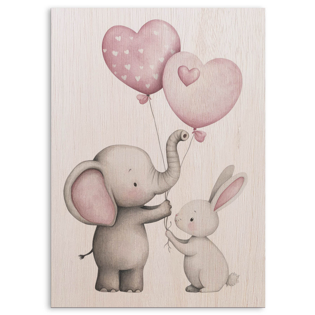 Elephant and Bunny with Balloons Wood Print by OnWood Australia