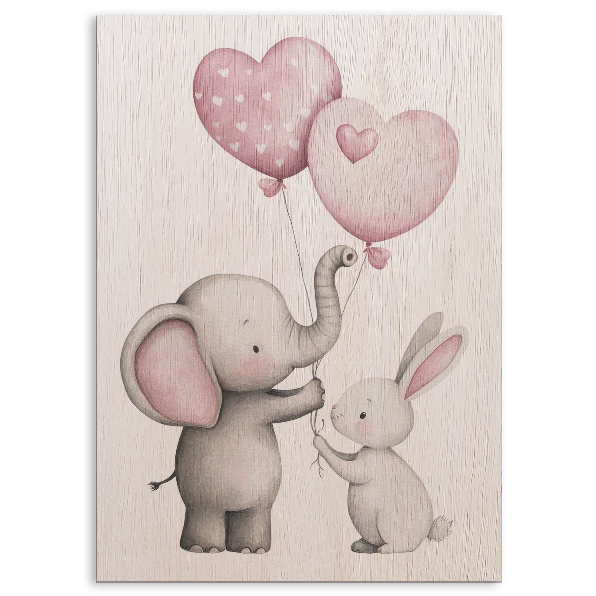 Elephant and Bunny with Balloons Wood Print by OnWood Australia