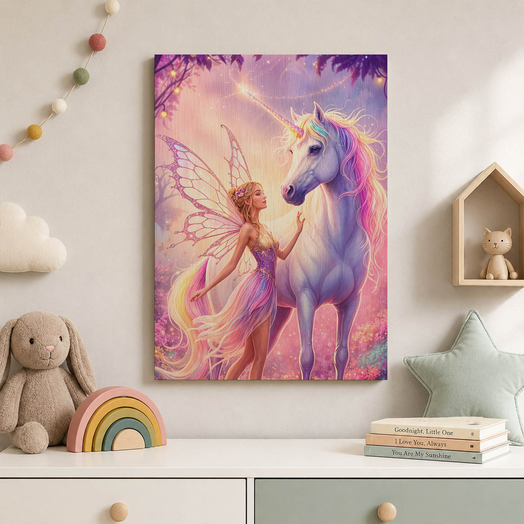 Fairy with Unicorn Wood Print by OnWood Australia