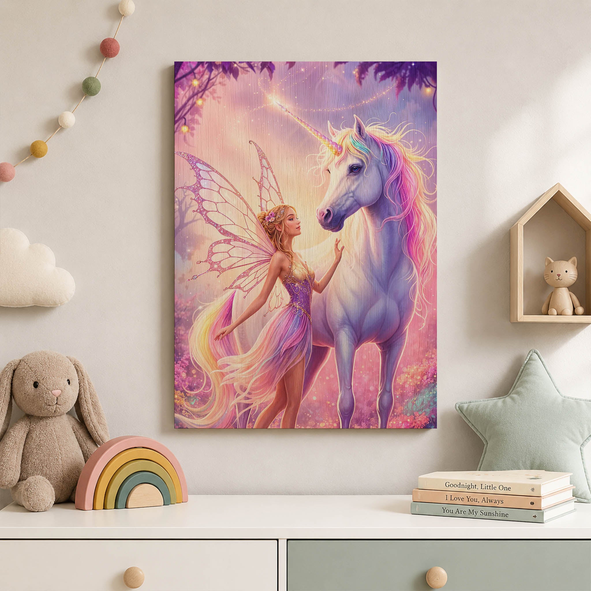Fairy with Unicorn Wood Print by OnWood Australia