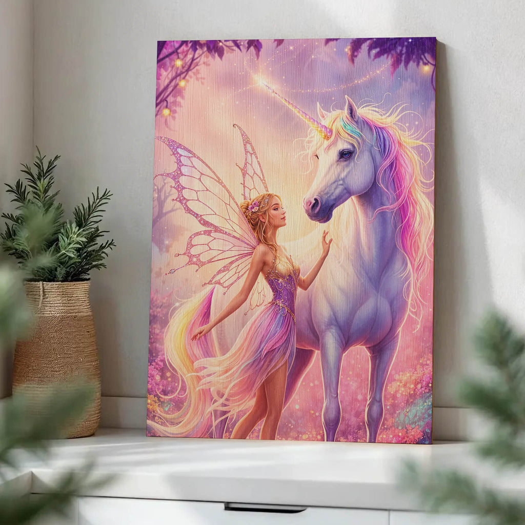 Fairy with Unicorn Wood Print by OnWood Australia