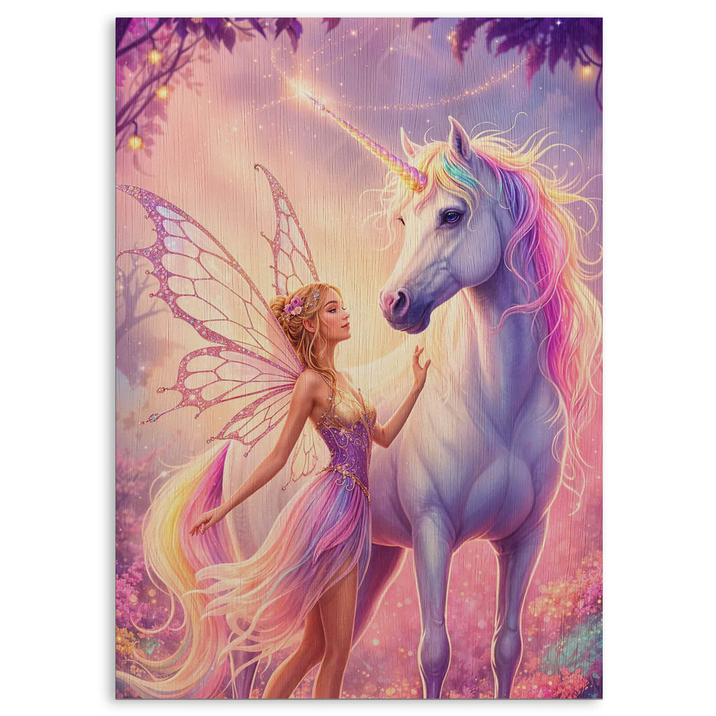 Fairy with Unicorn Wood Print by OnWood Australia
