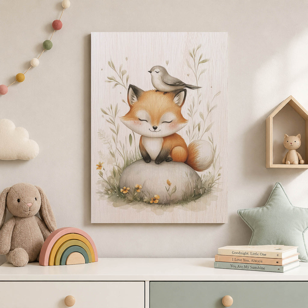 Fox and Bird Wood Print by OnWood Australia