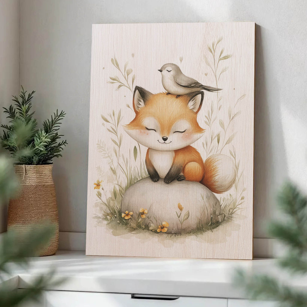 Fox and Bird Wood Print by OnWood Australia