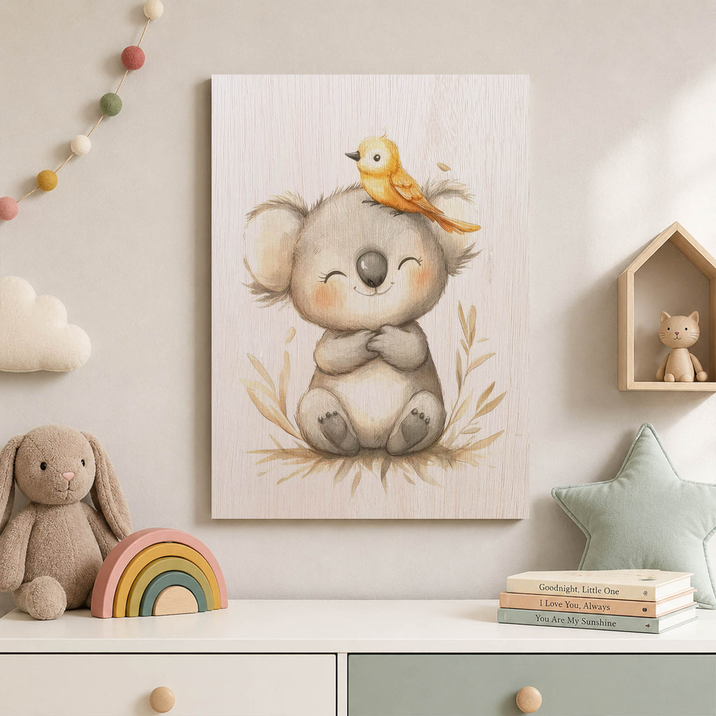 Koala and Bird Wood Print by OnWood Australia