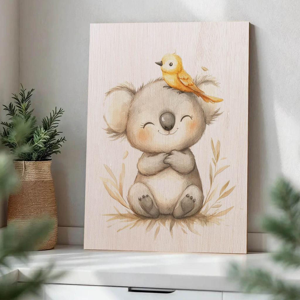 Koala and Bird Wood Print by OnWood Australia