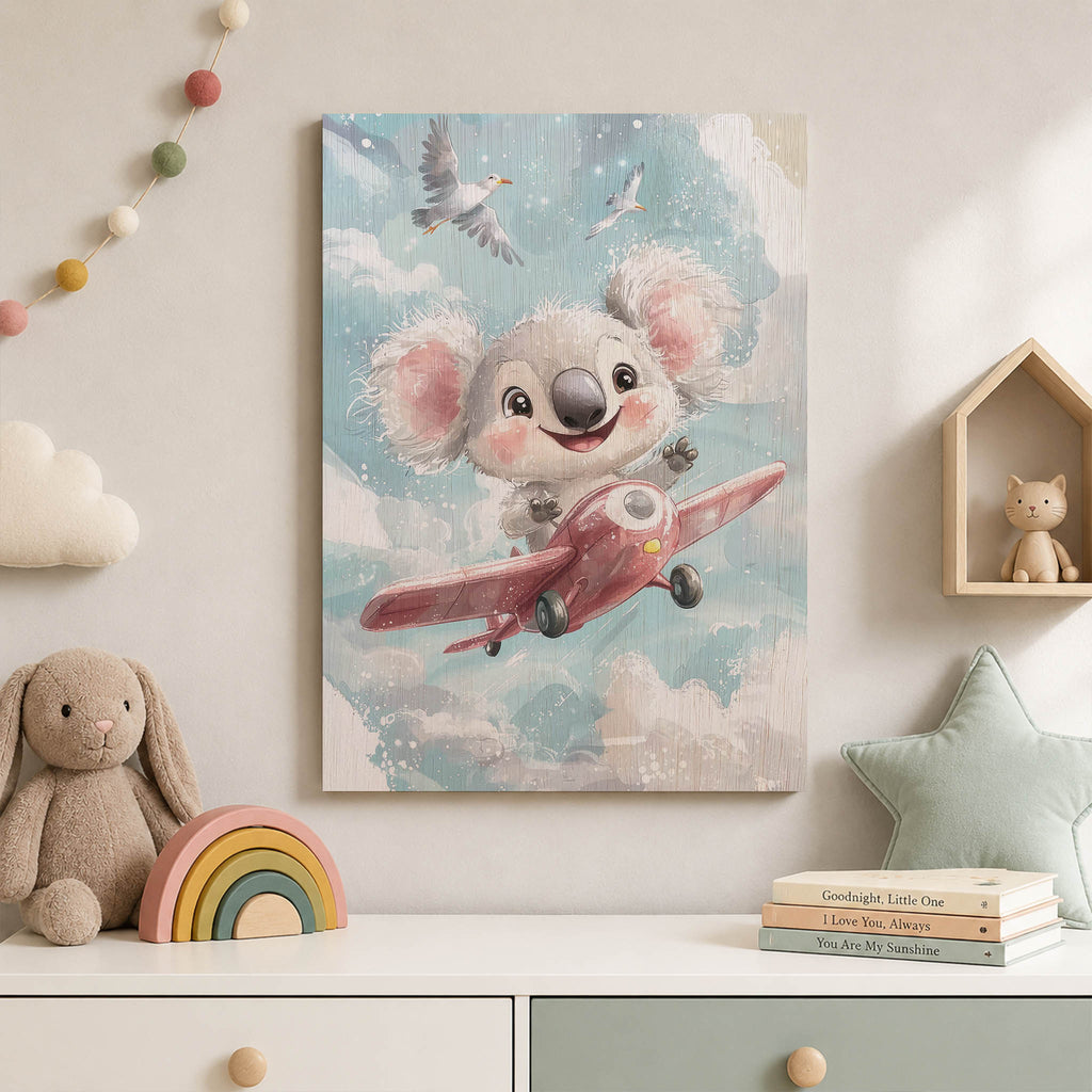 Koala Flying Airplane Wood Print by OnWood Australia