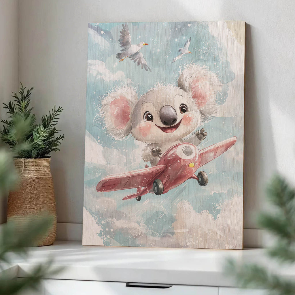Koala Flying Airplane Wood Print by OnWood Australia