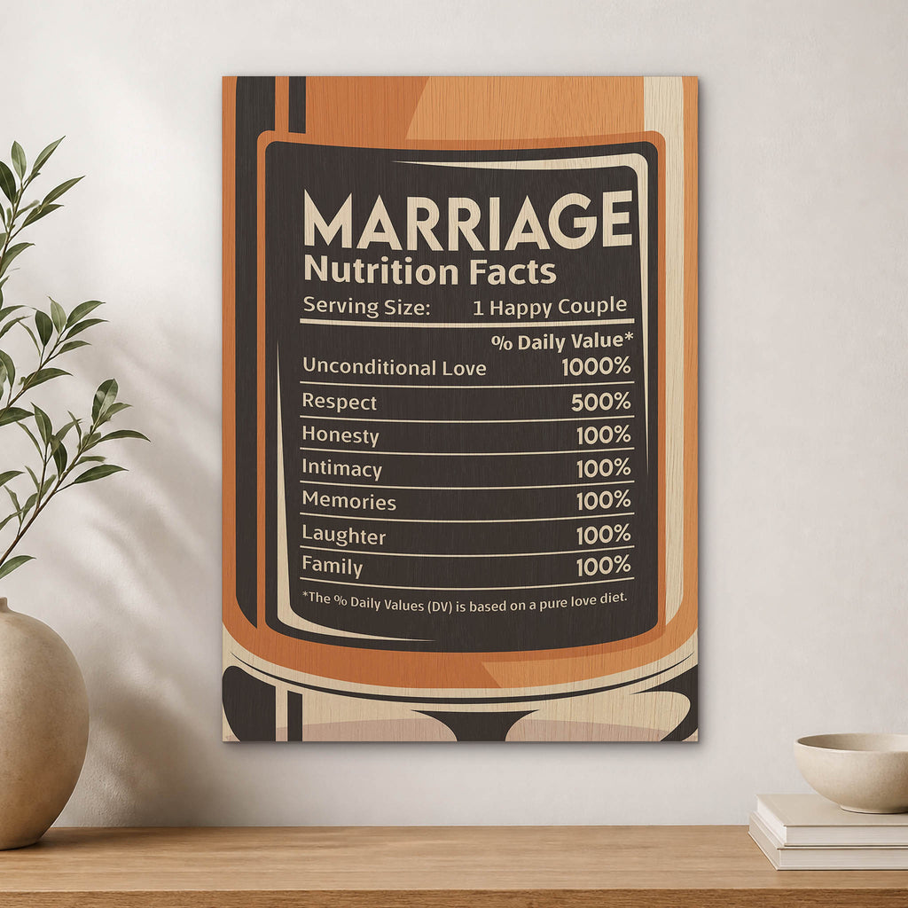 Marriage Nutrition Facts Wood Print by OnWood Australia