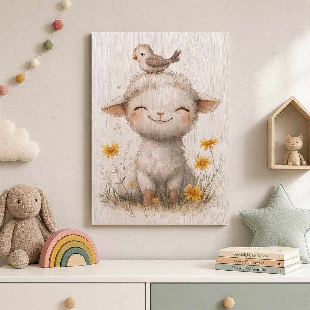 Smiling Lamb with Bird Wood Print by OnWood Australia