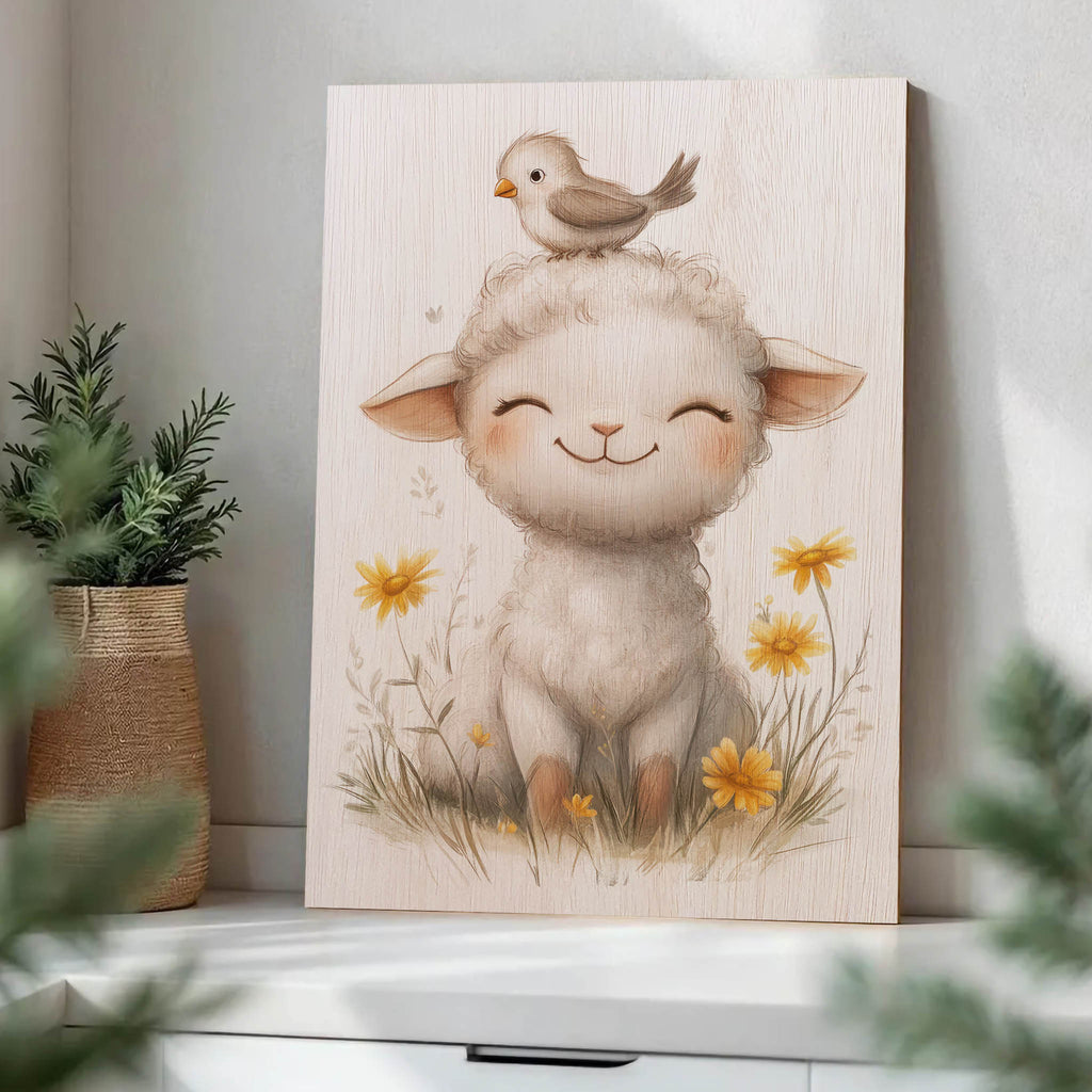 Smiling Lamb with Bird Wood Print by OnWood Australia