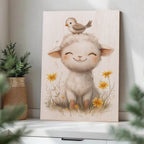 Smiling Lamb with Bird Wood Print by OnWood Australia