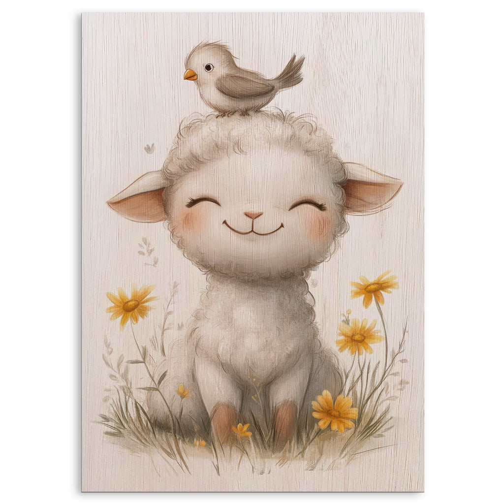 Smiling Lamb with Bird Wood Print by OnWood Australia