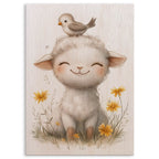 Smiling Lamb with Bird Wood Print by OnWood Australia