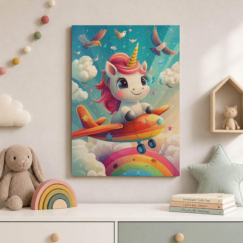 Unicorn Flying Airplane Wood Print by OnWood Australia