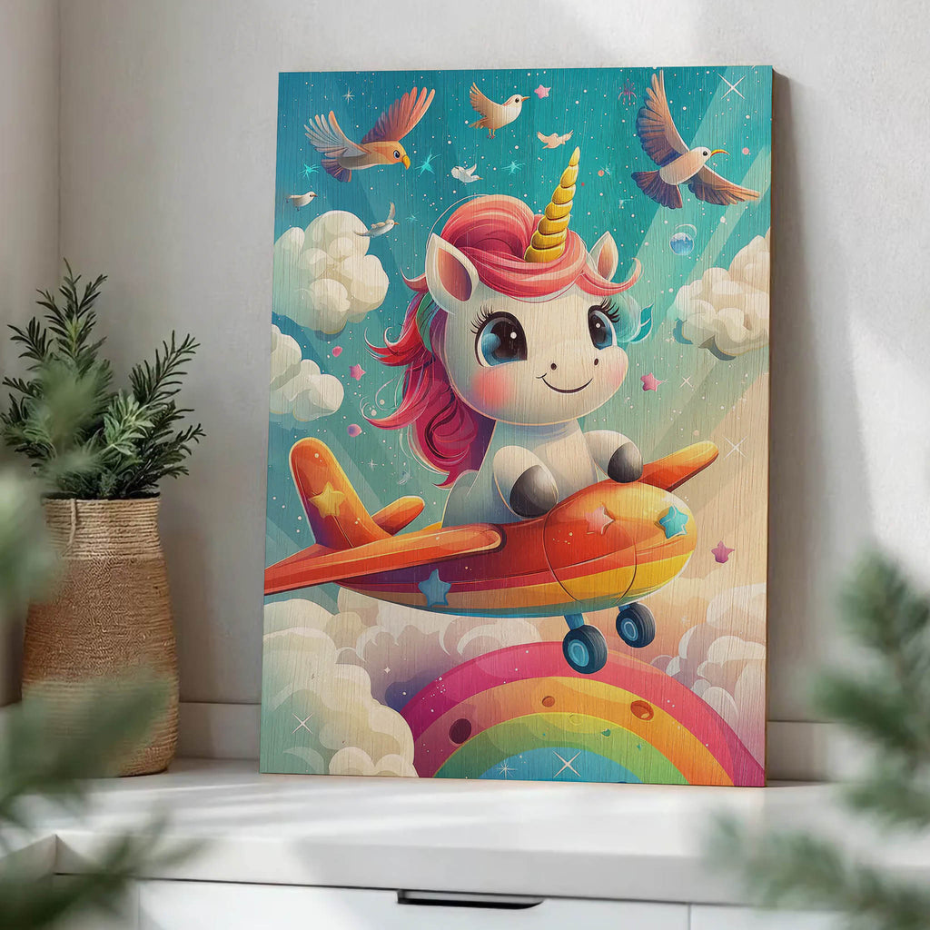 Unicorn Flying Airplane Wood Print by OnWood Australia
