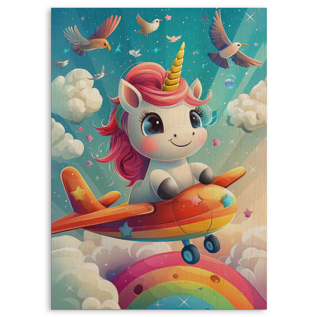 Unicorn Flying Airplane Wood Print by OnWood Australia