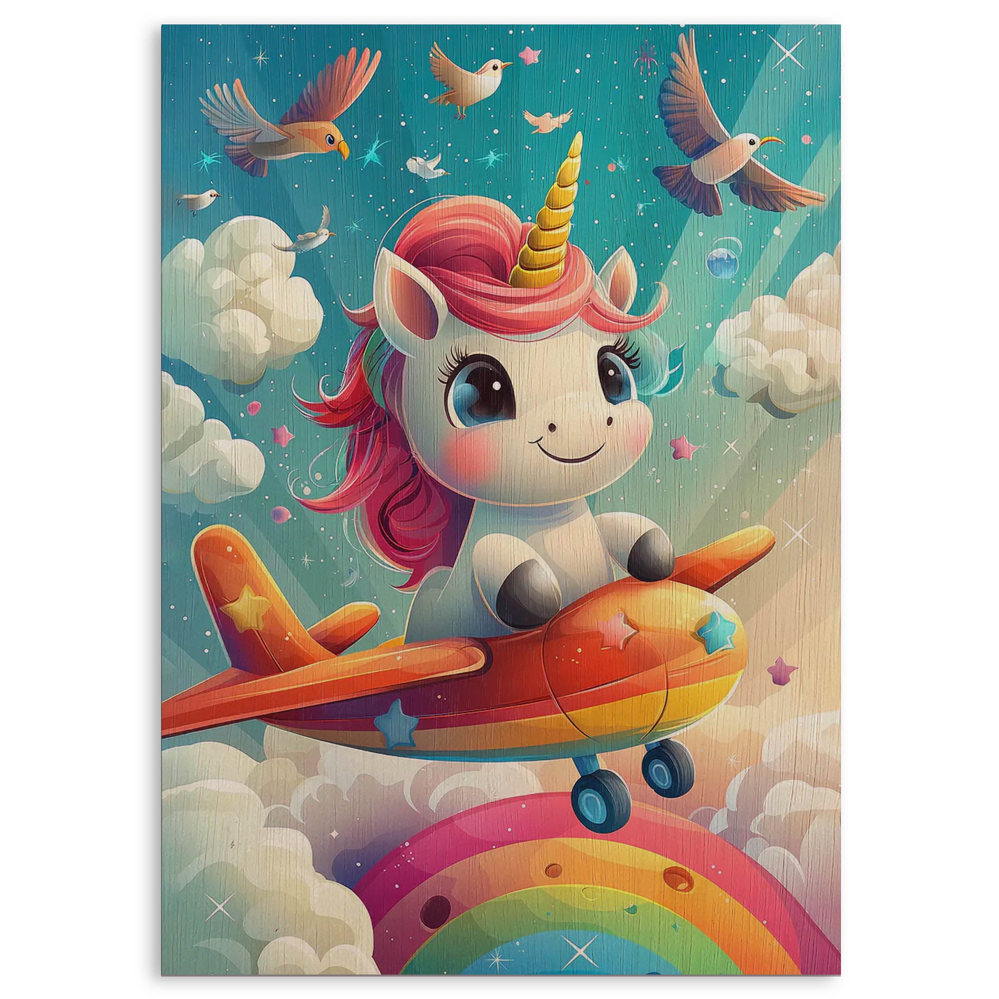 Unicorn Flying Airplane Wood Print by OnWood Australia